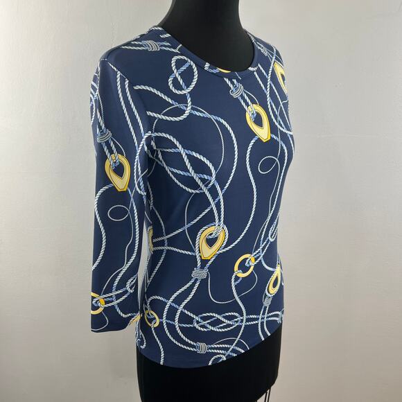 J. McLaughlin 3/4 Sleeve Top Blue Yellow Print Knot Round Neckline Stretch Sz XS - Picture 4 of 10